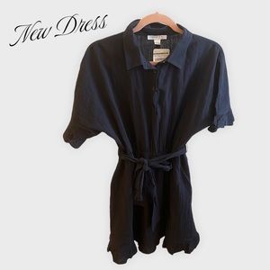 Navy Collar Ruffle Dress- Belted